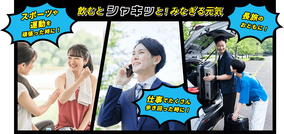 スポーツや運動を頑張った時に! 飲むとシャキッと!みなぎる元気 長旅のおともに! 仕事でたくさん歩き回った時に!